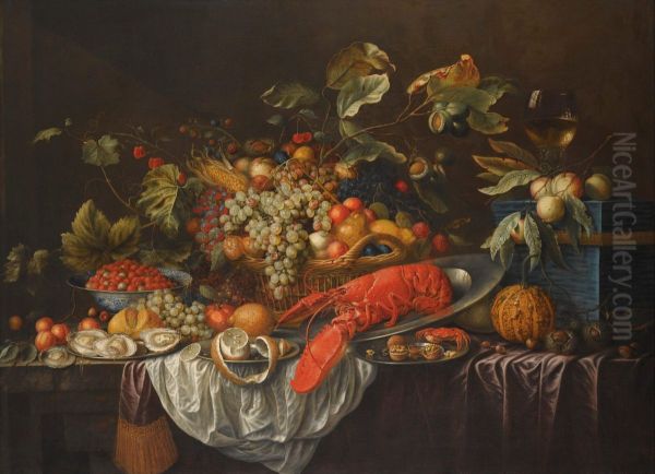 Still Life of Assorted Fruits in a Basket, a Roemer and Apples atop a Blue Jewellery Casket, Together with Fraises-de-bois in a Blue-and-white Bowl - view 1