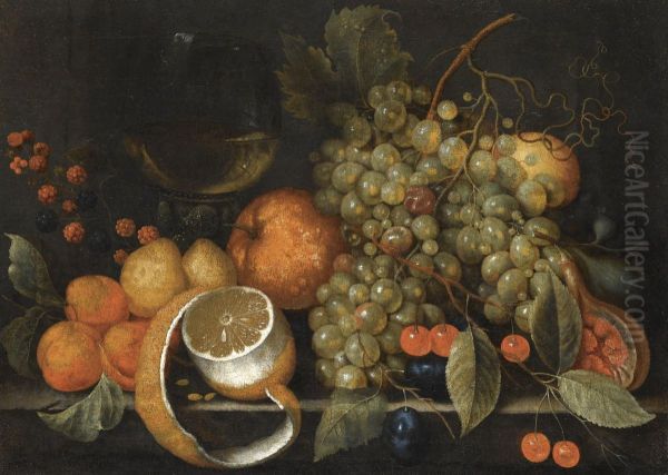 A still life with grapes, oranges, berries, a roemer of wine and partly peeled lemon on a stone ledge - view 1