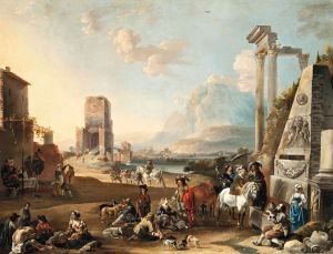 Italianate classical landscape with figures resting near a fountain, others making merry, a town by a river beyond