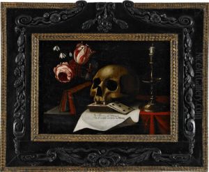 Vanitas still life with skull, playing cards, candle and flowers by Carel Fonteyn