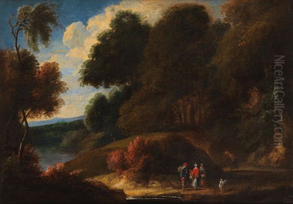 Wooded landscape with travellers and a dog on a path near a pond - view 1