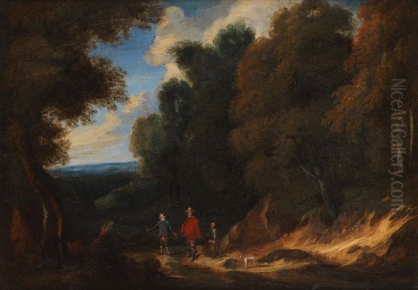 Wooded landscape with travellers and a dog on a path - view 1