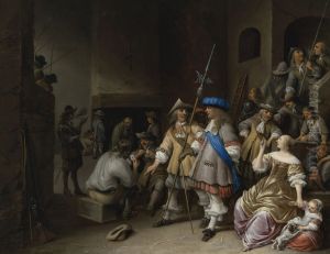 Guardroom Interior with a Company of Pikemen, card players, and a woman with a child by Anthonie Palamedesz.