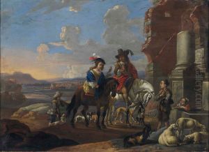 A hawking party beside classical ruins