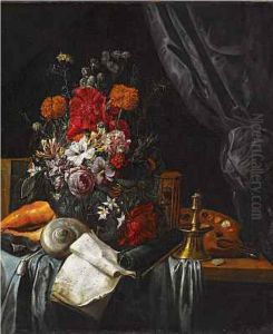 Vanitas still life with flowers, an hourglass, conch shell, a palette and brushes by Carel Fonteyn