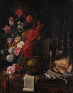 Vanitas still life with flowers, a skull, hourglass, conch shell and silver jug on a partially draped table