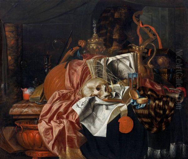 Vanitas with musical instruments, fine vessels, books, an extinguished candle, a skull and ears of wheat - view 1