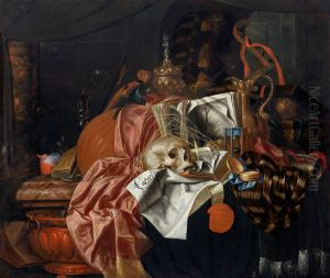 Vanitas with musical instruments, fine vessels, books, an extinguished candle, a skull and ears of wheat by Franciscus Gijsbrechts