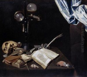 Vanitas still life with a skull, books and writing implements on a table