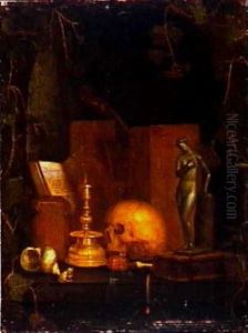 Vanitas still life in a niche with ivy vines