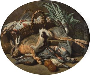 Still life with a hare, birds and a fruit basket