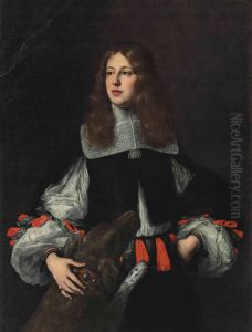 Portrait of Orazio Piccolomini, three-quarter-length, with a dog by Justus Sustermans