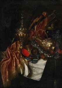 Still life with drapery and gilded jugs by Cornelis Norbertus Gijsbrechts