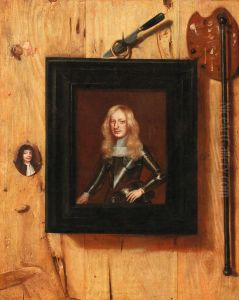 Trompe-l'oeil with a portrait of a soldier, a portrait miniature and a palette by Cornelis Norbertus Gijsbrechts