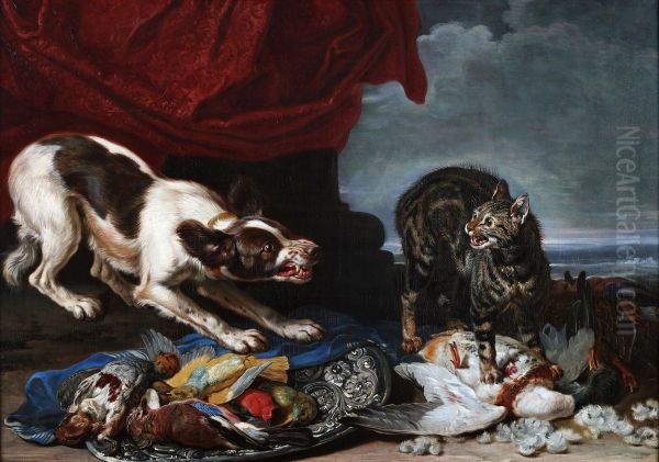 A cat and a dog fighting over fowl - view 1