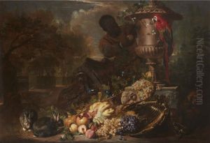 Still Life of Fruit on a Silver Dish with Figure, Rabbits, Parrot, and Monkey Beneath a Broken Capital and an Ornamental Urn by David de Coninck