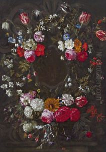 Stone cartouche surrounded by flowers by Bartholomeus Van Winghen