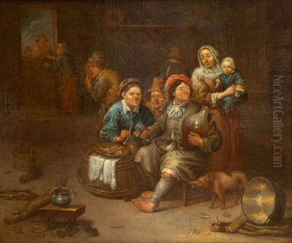 Peasants drinking and smoking with a pig eating the food scraps - view 1