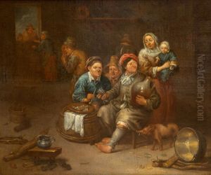 Peasants drinking and smoking with a pig eating the food scraps