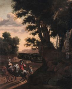 Elegant party on horseback on a path among trees by Melchior Hamers