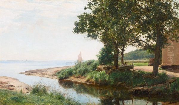 Along the coast with sailing boat and house at a river mouth. - view 1