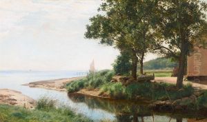 Along the coast with sailing boat and house at a river mouth. by Janus Andreas Bartholin La Cour