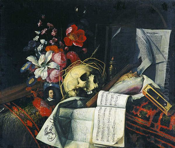 Vanitas still life with flowers, skull, documents and miniature portrait of the artist - view 1