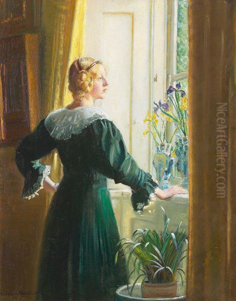 Interior med kunstnerens datter, Helga Ancher, staende i sollyset ved vinduet. - view 1
