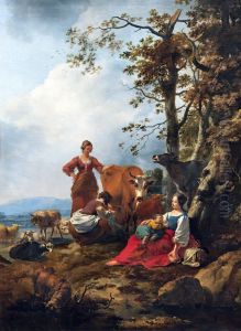 Landscape with peasant women and herds by Nicolaes Pieterszoon Berchem