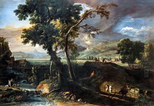 Landscape with Streams, Monks, and Washerwomen by Marco Ricci