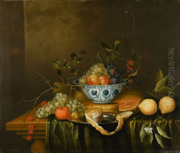 Still life with a Wanli kraak bowl with peeled lemons, melon, grapes, peaches, an orange, and cherries on a table draped with green velvet cloth - view 1