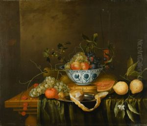 Still life with a Wanli kraak bowl with peeled lemons, melon, grapes, peaches, an orange, and cherries on a table draped with green velvet cloth