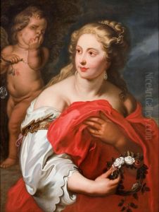 Woman with guirlande and a putto who hurt his hand on a thorn branch