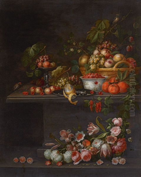 Fruit still life on a stone table with flowers below - view 1