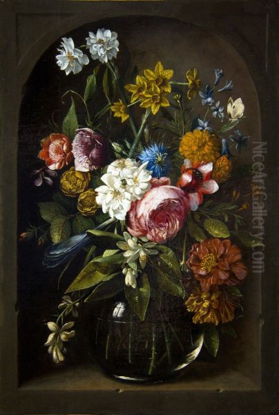 Roses, narcisses, anemonies, love-in-a-mist, orange blossom, French marigolds and other flowers in a glass vase in a stone niche - view 1