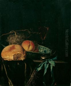 Still life with bread, grapes, fruit in a Wanli bowl and an hour glass