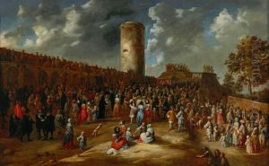 An archery competition outside the walls of a town by Gillis van Tilborgh