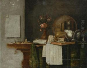 Vanitas still life with a skull, a globe and a bouquet of flowers