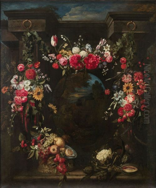 Garland of flowers, fruits and vegetables surrounding a landscape with a river god - view 1