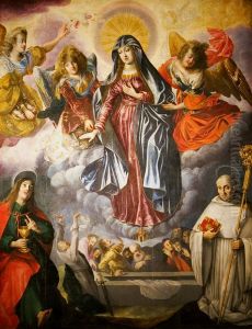 Assumption of Mary with St. John the Evangelist, St. Bernard of Clairvaux and the apostles at the tomb. by Bartlomiej Strobel
