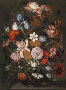 Flower still life in e glass vase with irises, roses, narcissuses and other flowers'