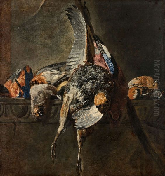 A partridge, a jay and a kingfisher on a ledge - view 1