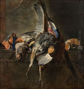 A partridge, a jay and a kingfisher on a ledge by Pieter Boel