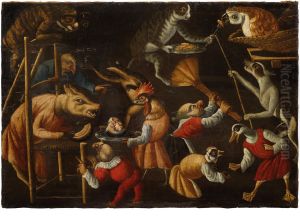 Grotesque scene with animals and dwarf by Master Of The Fertility Of The Egg