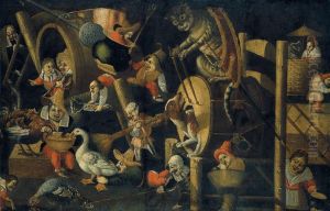 Grotesque scene with a cat beating a drum