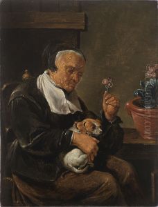Portrait of an old woman with a dog by Pieter Snyers