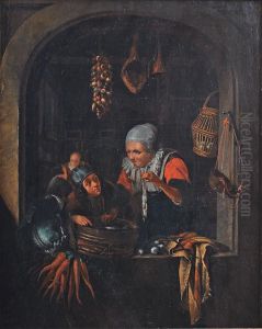 Saleswoman with young boy by Joannes de Cordua