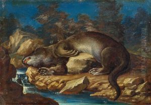 Lying otter on a rocky shore by Jan van Kessel the Elder