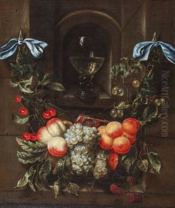 Still Life with a Garland of Fruit suspended from blue Ribbons and a Goblet in a Niche by Maria Tassaert
