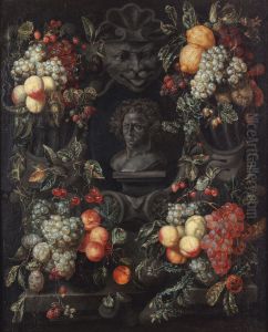 Garland of fruit surrounding a bust of Bacchus in a stone niche Garland of fruit surrounding a bust of Bacchus in a stone niche